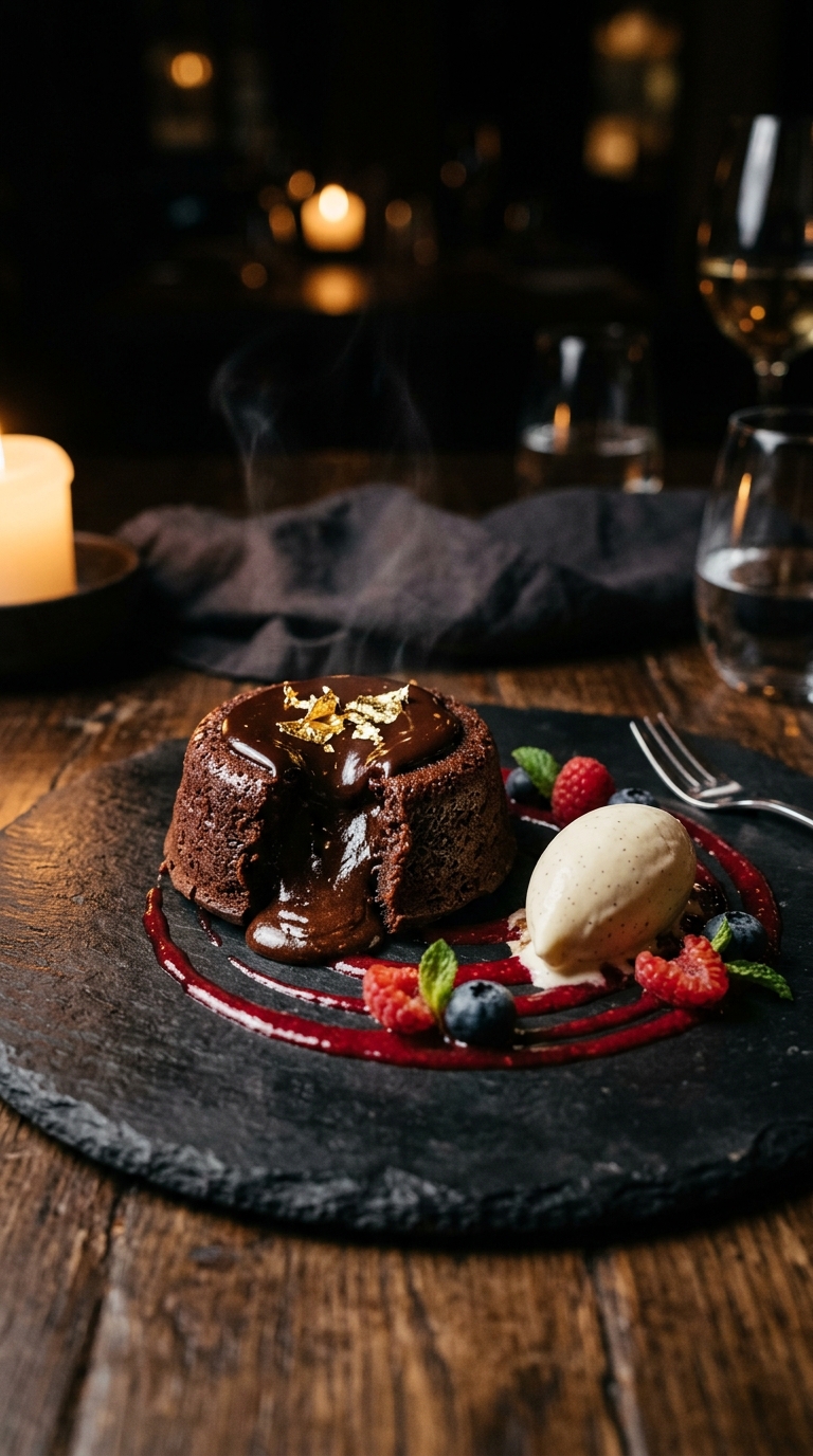 Chocolate lava, gold leaf